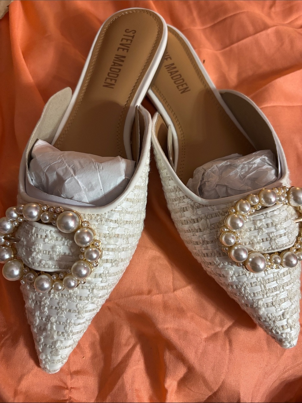 Steve Madden Cream Pearl-Embellished Pointed Toe Mules